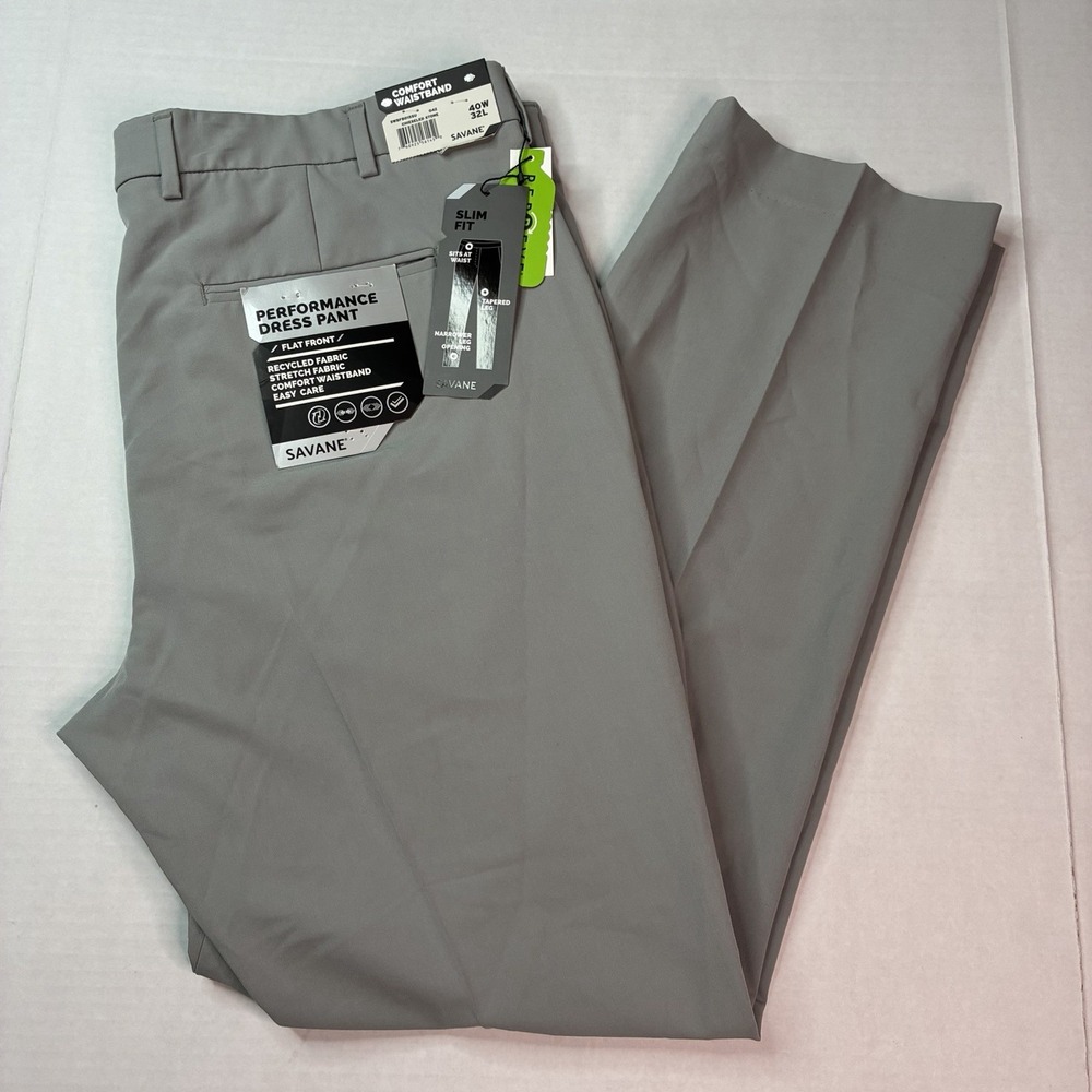 New Savane Performance Dress Pants Flat Front Men's Size 40x32 Gray Stone NWT